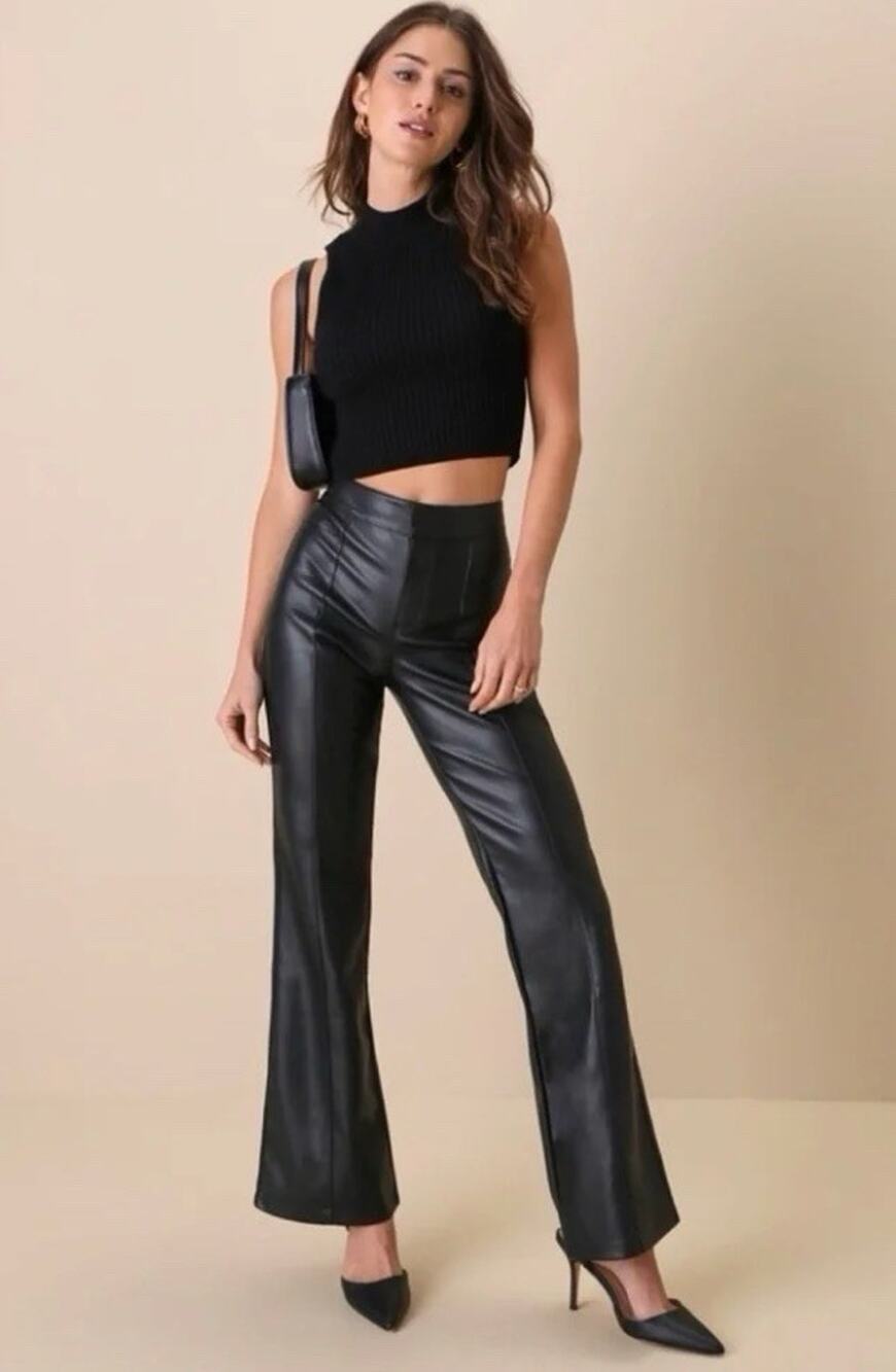Free People We The Free Black Uptown High Rise Faux Leather Flare Pants 8